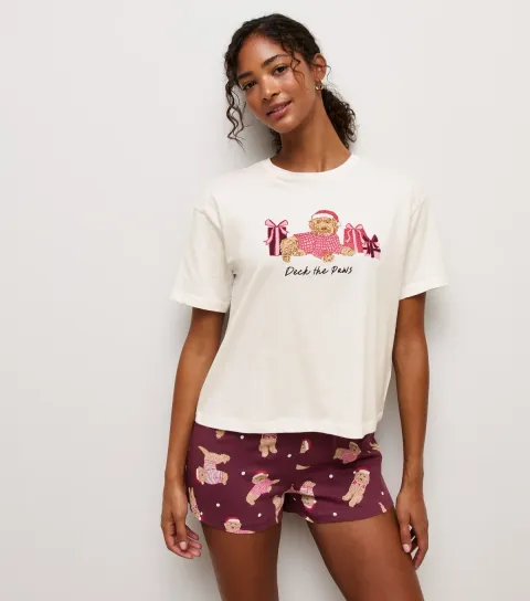 New Look Women's Red Cotton Christmas Deck The Paws Pyjama Set