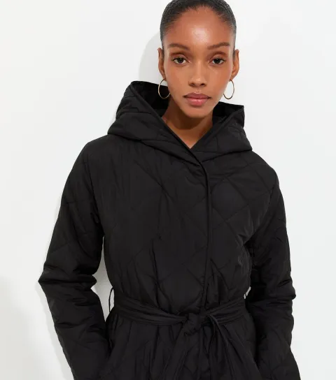 Women's Black Hooded Belted Quilted Jacket