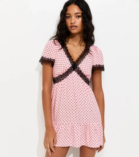 Women's Light Pink Polka Dot Lace Trim Mini Dress