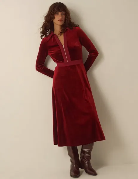 Monsoon Velvet Collared Neck Zip Up Midi Dress