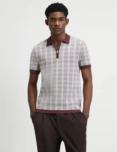 River Island Checked Half Zip Knitted Polo Shirt Brown Mix