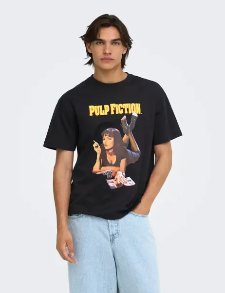 Only & Sons Pure Cotton Pulp Fiction Crew Neck T-Shirt Black Mix