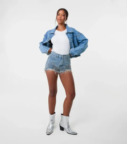 Women's Blue Diamanté Fringe Denim Shorts