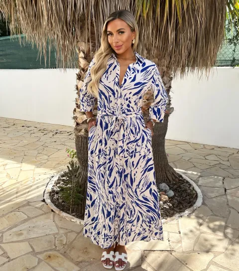 Women's Blue Brush Stroke Print Crop Sleeve Midi Shirt Dress
