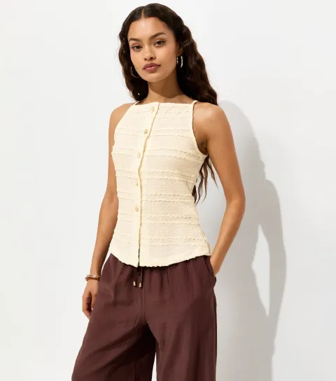 Women's Petite Off White Textured Button Front Waistcoat