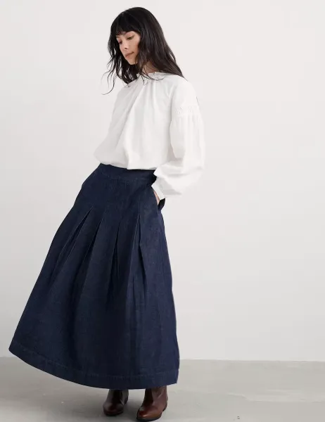 Seasalt Cornwall Denim A-Line Midi Skirt with Linen