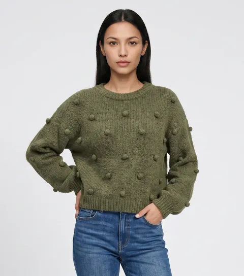 Gini London Women's Dark Green Oversize Bobble Knit Jumper with Wool