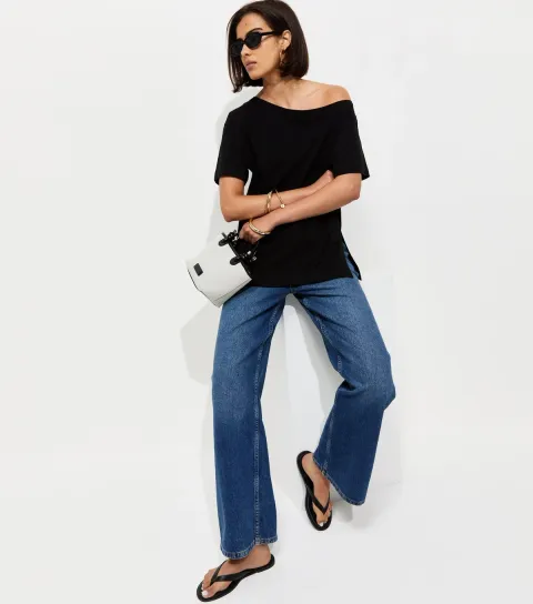 Women's Black Cotton Off The Shoulder T-Shirt