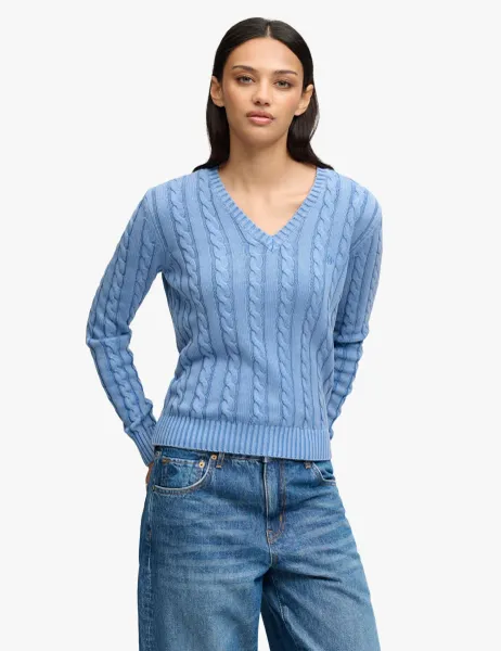 Superdry & Co Pure Cotton Cable Knit V-Neck Jumper Light Blue