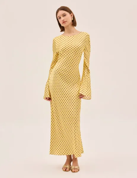 KITRI Polka Dot Slash Neck Midaxi Column Dress Yellow Mix