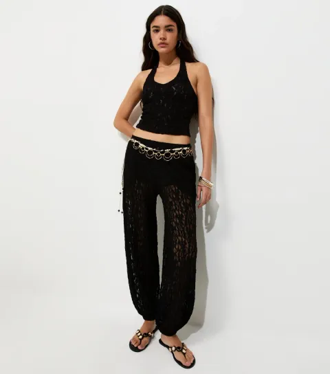 Women's Black Sheer Lace Wide Cuffed Trousers