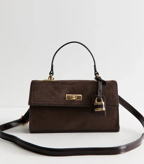New Look Dark Brown Faux Suede Twist Lock Crossbody Bag