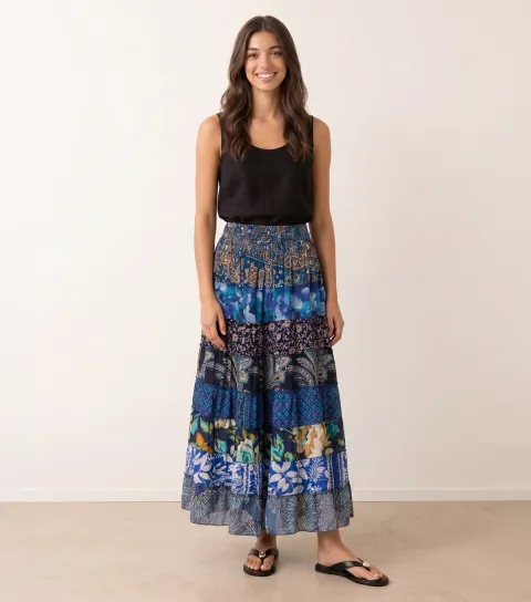 Women's Blue Floral Paisley Tiered Midi Skirt
