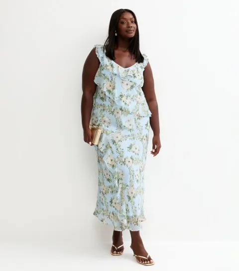 Women's Plus Size Light Blue Floral Chiffon Ruffle Midi Dress Curves