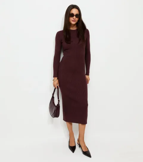 New Look Women's Dark Burgundy Ribbed Lightweight Knit Midi Dress