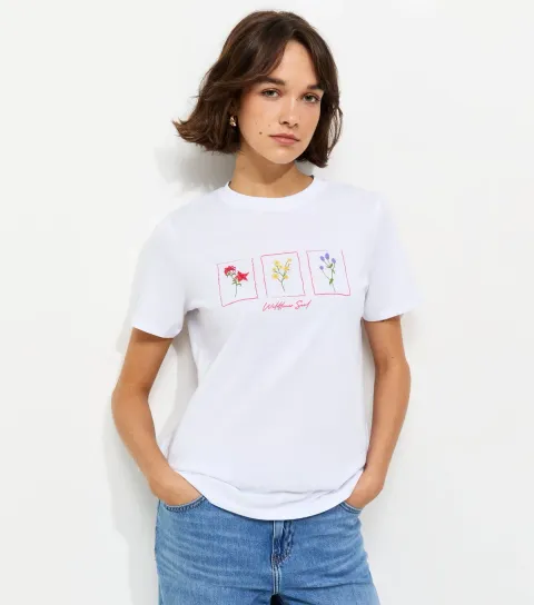 Women's White Cotton Flower Print Crew Neck T-Shirt