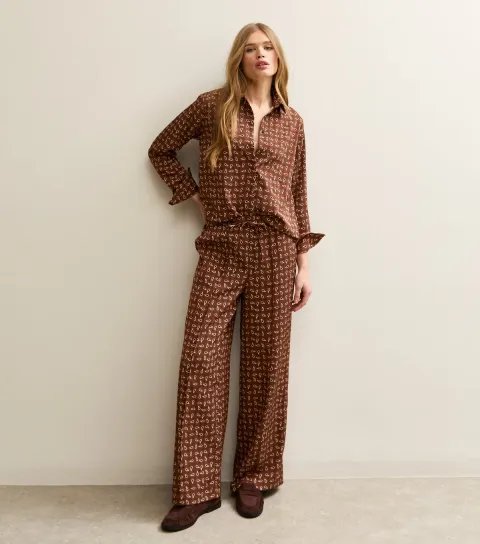 Women's Brown Satin Paisley Wide Leg Trousers