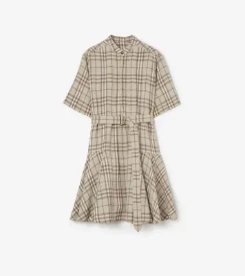 Check Linen Blend Dress in Sesame beige