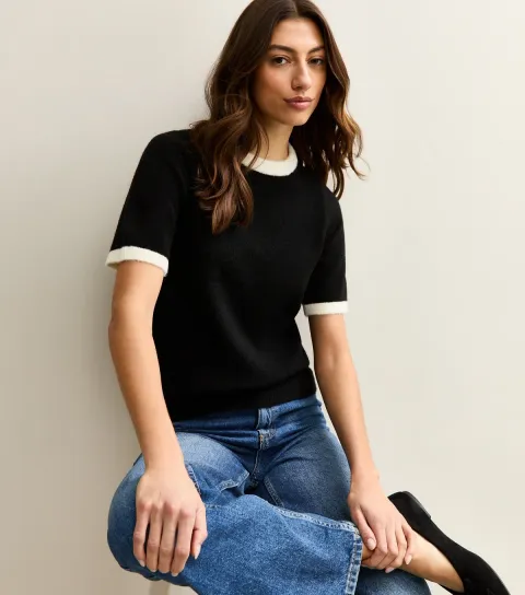 Women's Tall Black Contrast Trims Midweight Knit Top