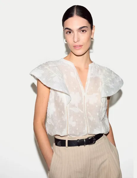 Jigsaw Cotton Blend Embroidered Floral Jacquard Top White Mix