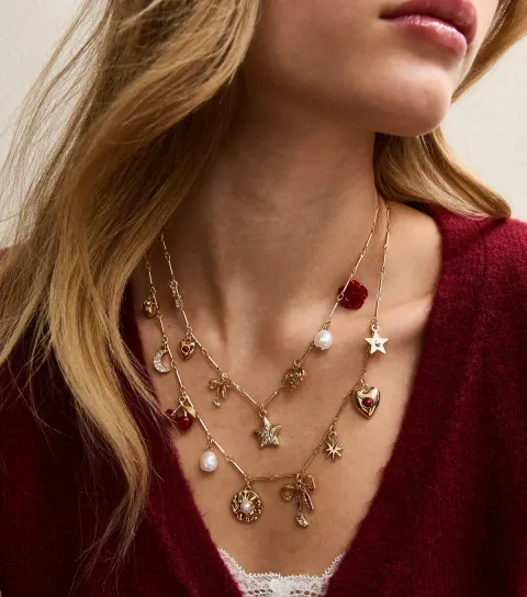 Gold Tone Multi Layer Statement Charms Necklace