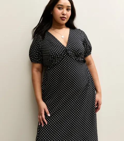 Women's Plus Size Black Polka Dot Short Sleeve Tea Midi Dress Curves