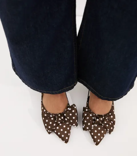 New Look Women's Brown Polka Dot Satin Bow Embellished Slingback Flats Vegan