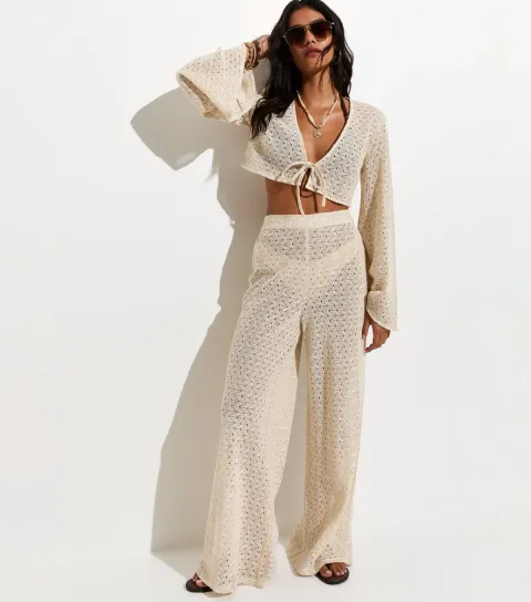 Women's Off White Cotton Rich Crochet Knit Beach Trousers