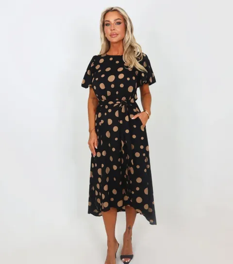 Women's Black Polka Dot Tie Waist Midi Dress