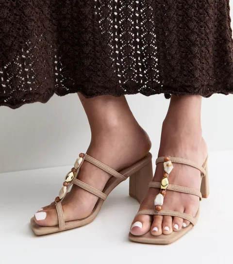 Women's Camel Faux Leather Beaded Block Heel Mules Vegan