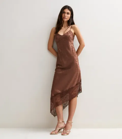 New Look Women's Dark Brown Floral Jacquard Satin Asymmetric Lace Midi Dress