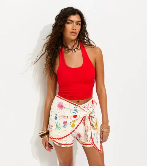 Women's White With Linen Sun Print Wrap Shorts
