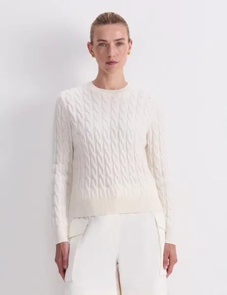 Pure Merino Wool Cable Knit Crew Neck Jumper White
