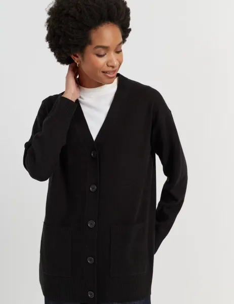 Chinti & Parker Wool Rich V-Neck Longline Cardigan Black