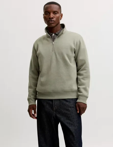 Jack & Jones Cotton Blend Half Zip Long Sleeve Sweatshirt Green