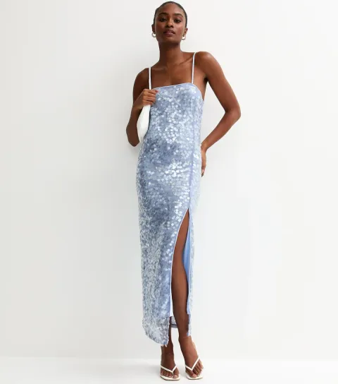 Women's Light Blue Sequin Strappy Tie Back Maxi Dress
