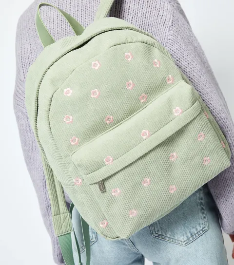 Light Green Daisy Embroidered Corduroy Backpack