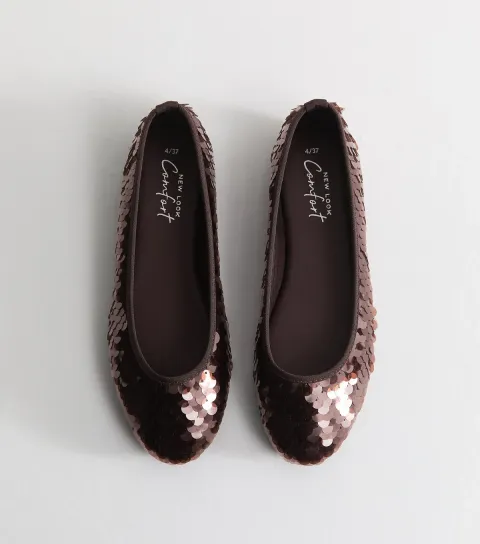 New Look Women's Dark Brown Sequin Embellished Ballet Flats Vegan