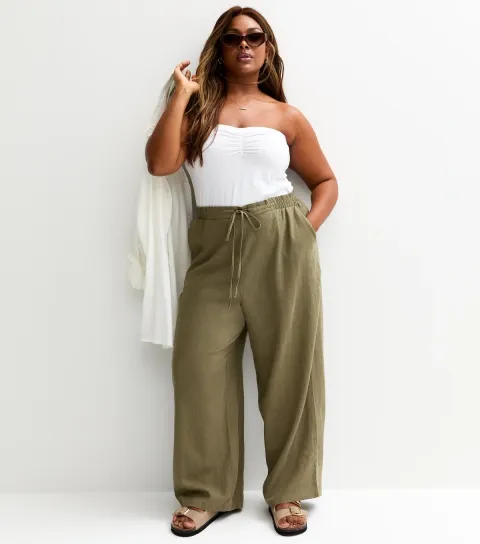 Women's Plus Size Khaki Linen Blend Wide Leg Trousers Curves