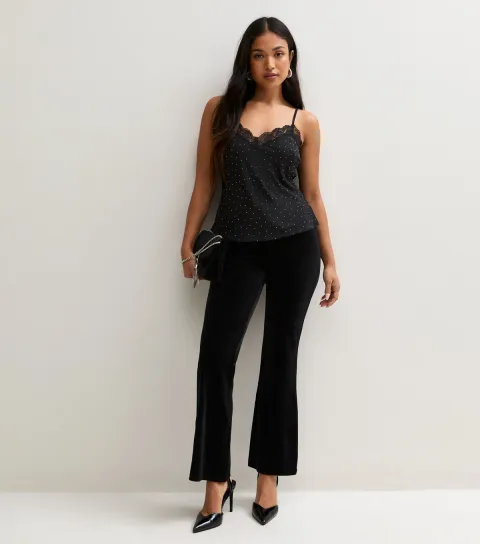 New Look Women's Petite Black Jersey Velvet Flared Leg Trousers