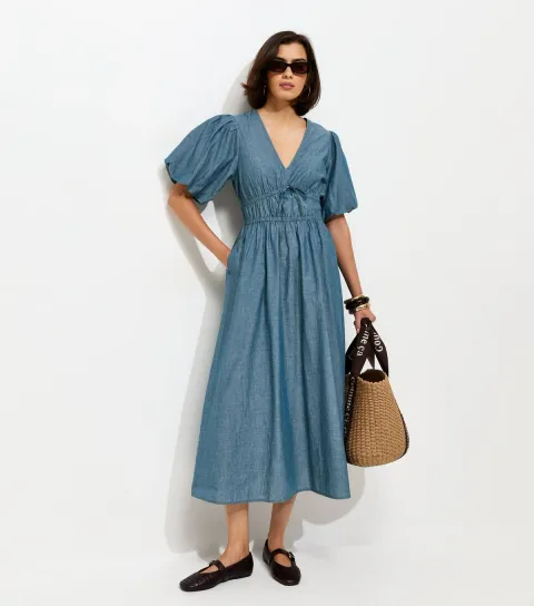 Women's Light Blue Cotton Chambray Puff Sleeve Midi Dress