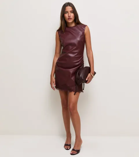 New Look Women's Dark Burgundy Faux Leather Sleeveless Lace Trim Mini Dress