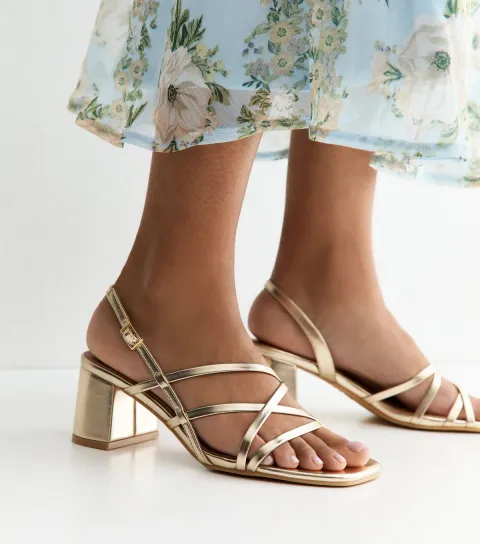 Women's Gold Faux Leather Multi Strap Block Heel Sandals Vegan