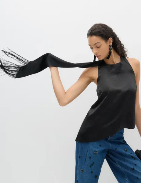 Marks & Spencer Satin Halter Neck Scarf Detail Top Black