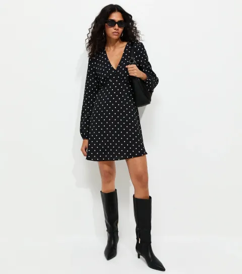 New Look Women's Black Polka Dot Long Sleeve Mini Dress