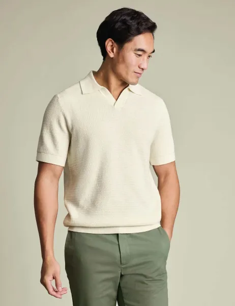Charles Tyrwhitt Pure Cotton Textured Knitted Polo Shirt Cream