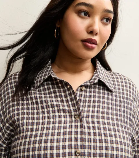 Women's Plus Size Brown Crinkled Check Shirt Curves