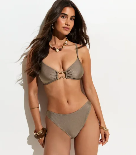 Women's Light Brown Plain Abstract Ring Triangle Bikini Top