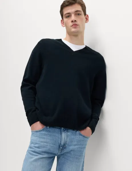 Marks & Spencer Pure Lambswool V-Neck Jumper Dark Navy