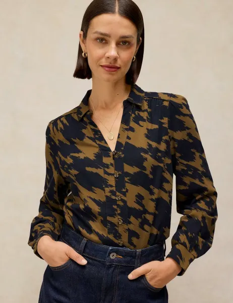 White Stuff Cotton Rich Printed Collared Shirt with Modal Green